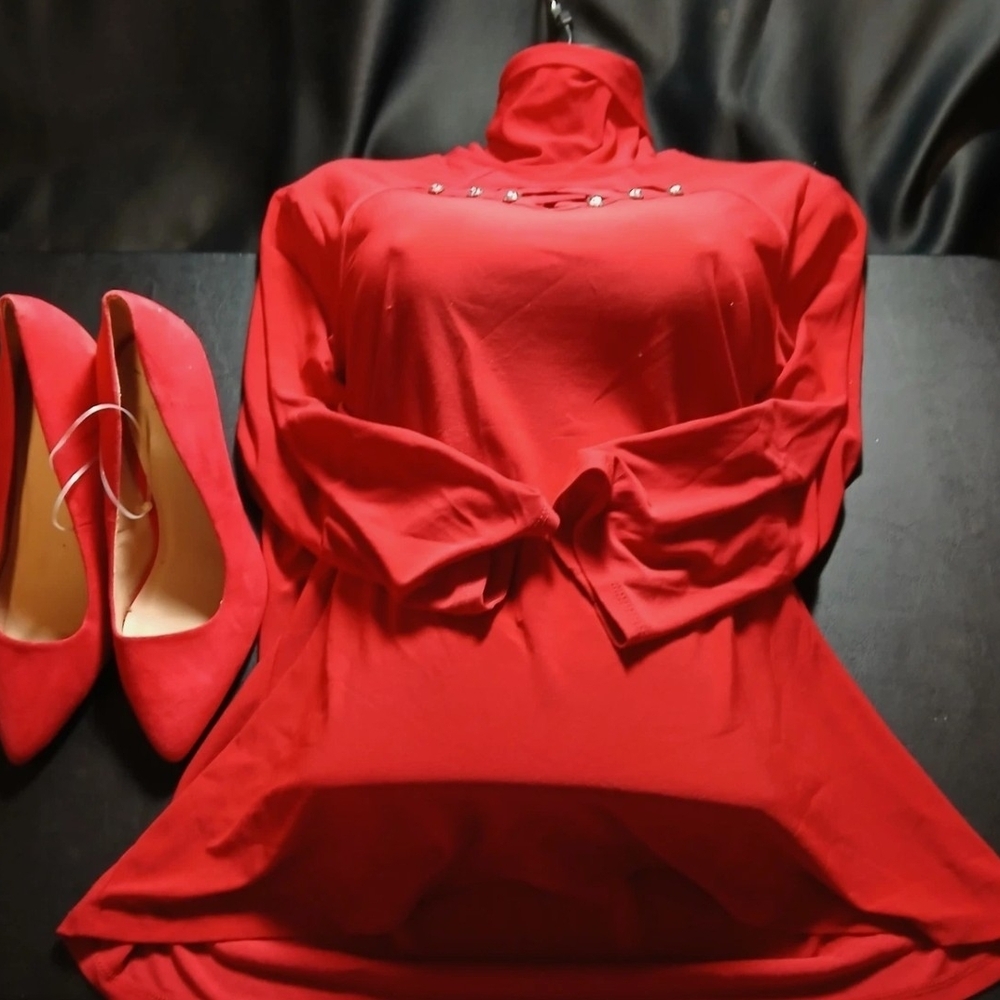 Diana Belle Red Dress Top Long Sleeve Turtl Red Dress with Matching Heels